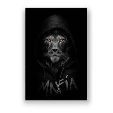 Lion wearing a hooded sweatshirt written Mafia ,Gangster style black and white Tiermotive Wandbild