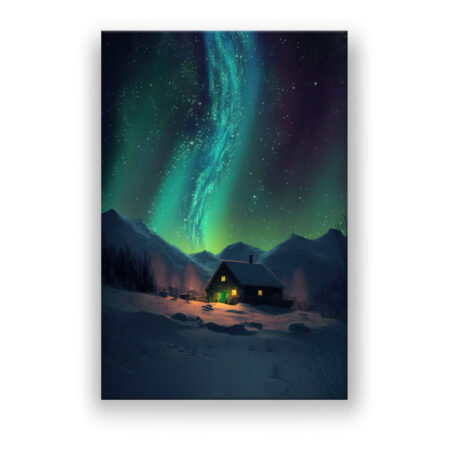 Wintersternennacht Aurora-Borealis mit Berghütte Büro Wandbild