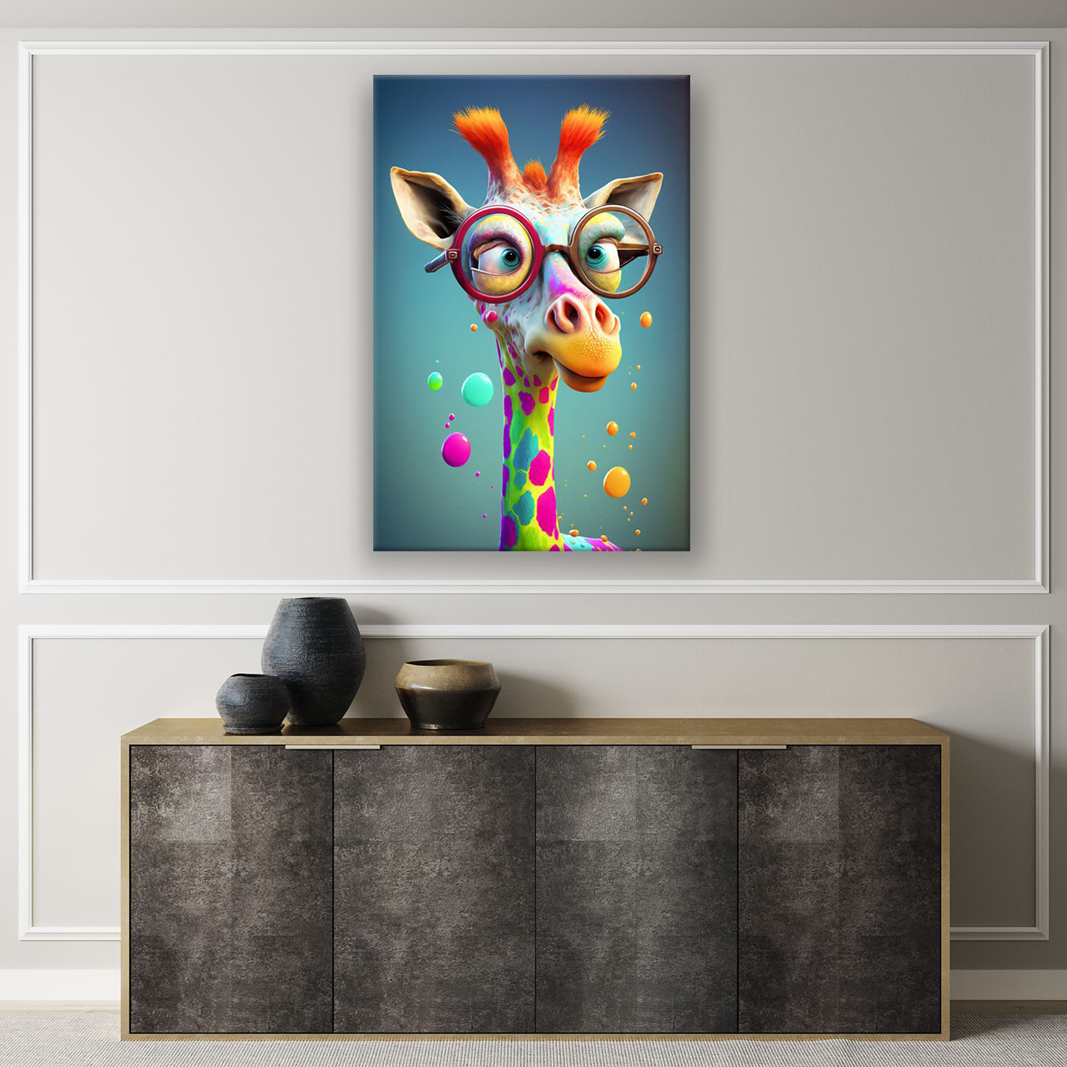 Funny colorful giraffe with glasses Comic Wandbild