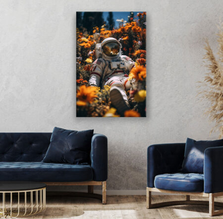 Astronaut laying on a field of colourful flowers Fantasie Wandbild