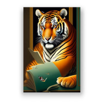 Tiger reading book Comic Wandbild