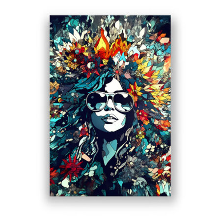 Hippie Lady mit Sonnenbrille und Blättern Abstrakte Kunst Wandbild
