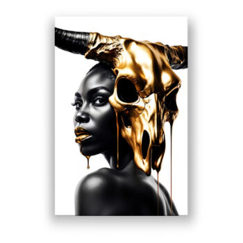 Afrikanerin mit Kuhschädel auf dem Rücken, Gold und Schwarz , modern Abstrakte Kunst Wandbild