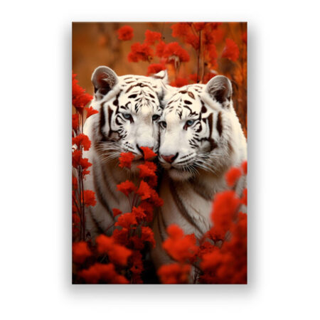 Tier Zwei weiße Tiger lieben sich zwischen roten Blumen Abstrakte Kunst Wandbild