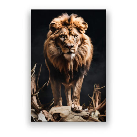 Porträt eines Löwen zwischen Tierschädeln , Tier Abstrakte Kunst Wandbild